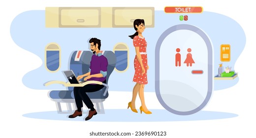 Vector flat illustration of passengers in a cabin of a plane in a queue to a toilet during the flight.