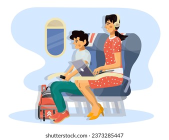 Vector flat illustration of passengers in a cabin of a plane during the flight.