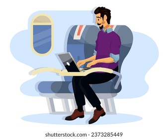 Vector flat illustration of passengers in a cabin of a plane during the flight.