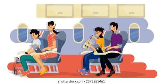 Vector flat illustration of passengers in a cabin of a plane during the flight.