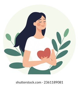 Ilustración plana vectorial. Una chica pacífica con un corazón en las manos, una chica feliz se ama a sí misma. Concepto de psicología, salud mental y amor propio