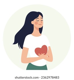 Ilustración plana vectorial. Una chica pacífica con un corazón en las manos, una chica feliz se ama a sí misma. Concepto de psicología, salud mental y amor propio