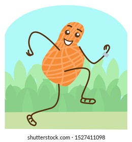 Vector flat illustration of a peanut running on the road. The context of a healthy diet and lifestyle.