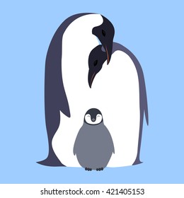 Vector Flat Illustration Penguin Family. Love. Family Of Birds.