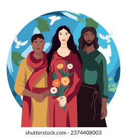 Vector flat illustration. People are against war. Peace to the world. People of different nationalities and cultures stand together against the backdrop of the planet. Flowers in hands, doves. Peace 