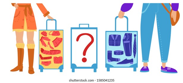 Vector flat illustration with people at the airport or train station. Contents of their Luggage bags are known. Separately, there is no man s bag with unknown contents. Concept safety in public places
