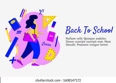 vector flat illustration people back to the school with school item and element. can be used for banner poster blog web presentation animation motion graphic flyer brochure. 
