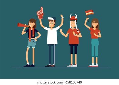 Vector flat illustration people character sport fans standing. Woman and man with flags make up and accessories fans