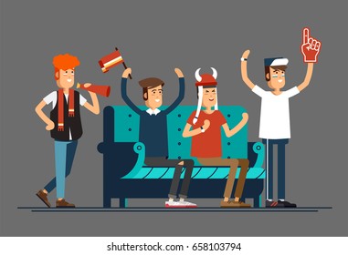 Vector flat illustration people character sport fans watching tv on cozy sofa. Young man with flags make up and accessories fans