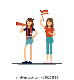 Vector flat illustration people character sport fans standing. Young woman with flags make up and accessories fans