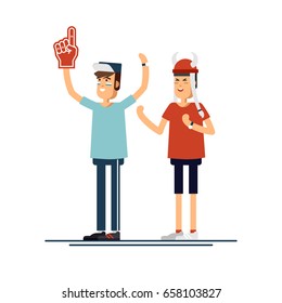 Vector flat illustration people character sport fans standing. Young man with flags make up and accessories fans