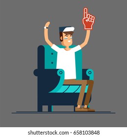 Vector flat illustration people character sport fans watching tv on cozy chair. Man with fan accessories