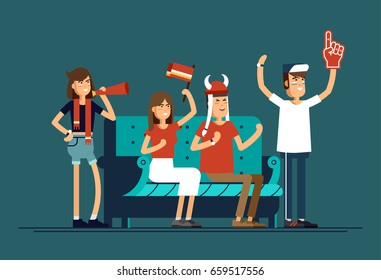 Vector flat illustration people character sport fans watching tv on cozy sofa. Woman and man with flags make up and accessories fans