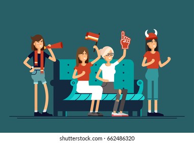 Vector flat illustration people character sport fans watching tv on cozy sofa. Young woman with flags make up and accessories fans