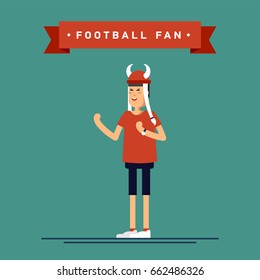 Vector flat illustration people character sport fans standing. Young man with flags make up and accessories fans