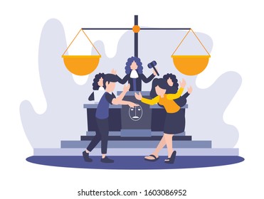 Vector flat illustration of people conflict during the judge. Metaphor of divorce in court. Law and legal settlement idea concept with big law scales. Breaking Relationship between Man and Woman.