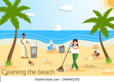Vector flat illustration of people of different age and race in yellow protective gloves cleaning the beach from plastic garbage with palms, trash can, clouds, sun, seagulls.