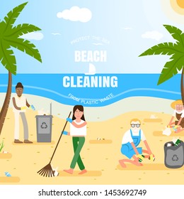 Vector flat illustration of people of different age and race in protective gloves cleaning the beach from plastic waste with palms, trash can, clouds, sun, seagulls, text.