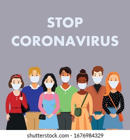 Vector flat illustration people of different nationalities. Set of man and woman in medical masks. Stop coronavirus. Covid-19. Save your health and stop the spread of the epidemic. Virus corona text.