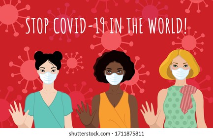 Vector flat illustration people of different nationalities. Set of woman in medical masks. Stop coronavirus. Covid-19. Save your health and stop the spread of the epidemic. 