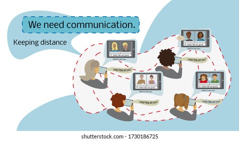 Vector flat illustration of people of different ages (children, teens, grandparents) communicate through gadgets.