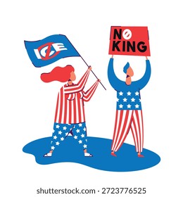 Ilustração plana vetorial. Pessoas vestidas com cores da bandeira americana com estrelas brancas e listras vermelhas seguram banner No king, No ice e protestos. Conceito de manifestação, apoio à democracia, direitos humanos nos EUA