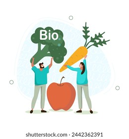 Vector flat illustration of people holding fruits and vegetables. People eat organic, organic food.