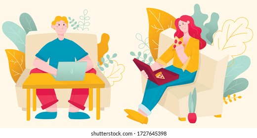 Vector flat illustration of people at home. Spend time on the couch with a pizza or laptop. Young man and woman rest and work.