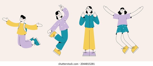 vector flat illustration of people jumping, jumping happy, students entering school, jumping together