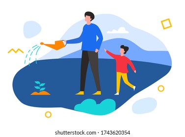 Vector flat illustration, people with kids watering plant.  World Environment Day save the planet concept. Green Bio technology.