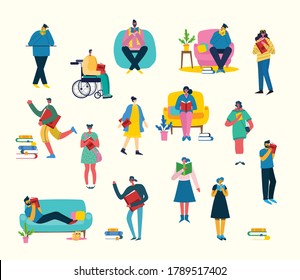 vector flat illustration people learn and gain knowledge. The creative design of the schedule students learn on books. stylish vector for posters, banners, websites, booklets, flyers, cards