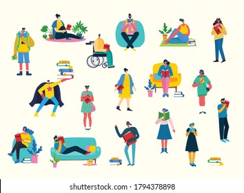 vector flat illustration people learn and gain knowledge. The creative design of the schedule students learn on books. stylish vector for posters, banners, websites, booklets, flyers, cards