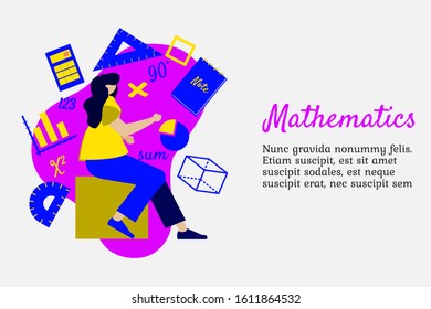 vector flat illustration people learning mathematic with mathematic item and element. can be used for web blog presentation animation banner poster motion graphic flyer brochure landing page promotion