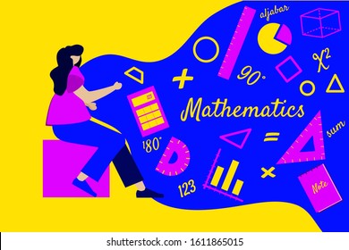 vector flat illustration people learning mathematic with mathematic item and element. can be used for web blog presentation animation banner poster motion graphic flyer brochure landing page promotion