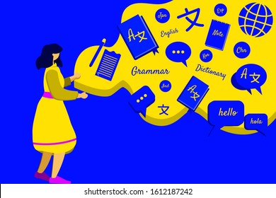 vector flat illustration people learning world language with language or dictionary item and element can be used for web blog presentation banner poster motion graphic flyer brochure landing page etc