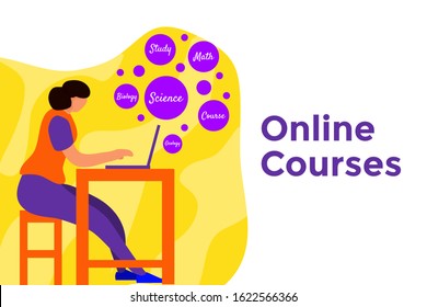 vector flat illustration people learning courses from internet with courses item and element. can be used for web blog presentation animation banner poster motion graphic landing page promotion. 