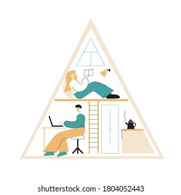 Vector flat illustration of people living in a tiny house. 