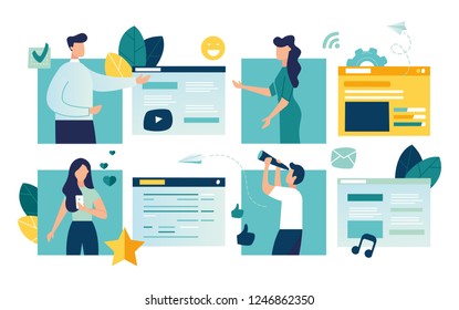 Vector flat illustration, people look out of big pictures, leave reviews, write messages, watch videos on the Internet, social networks