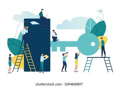 Vector flat illustration, people open the door with a key, lock, making keys urgently vector