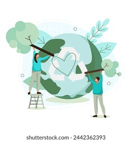 Vector flat illustration of people planting trees on the planet. Renewable energy, clean air, healthy lifestyle.