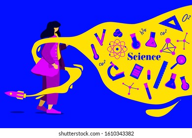 vector flat illustration people scientist with science item and element with a flying rocket.  
