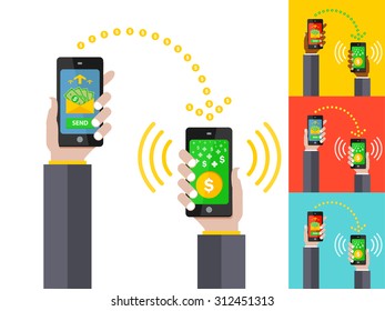 Vector Flat illustration. People sending and receiving money with their mobile phones. Hands holding smart phones with payment apps. White, red, blue, yellow background