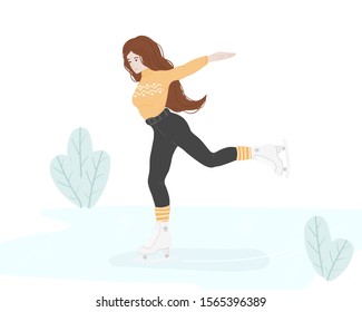 vector flat illustration with people skating in rink, woman performs swallow figure skating in winter landscape