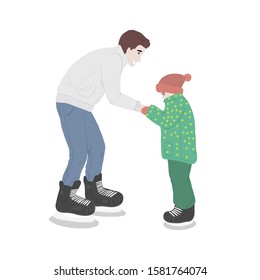 vector flat illustration with people skating in rink: father and beginner ice skater son