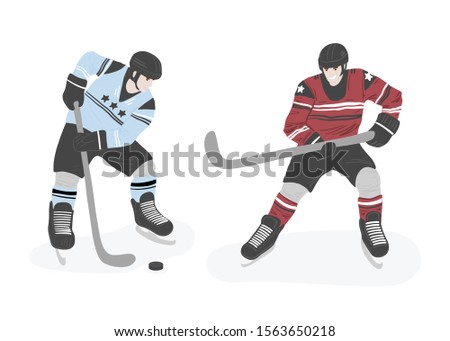 vector flat illustration with people skating in rink: men play hockey