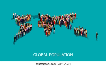vector flat illustration of people standing on the world global map shape. infographic global population concept