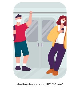Vector flat illustration. People in the subway during the pandemic wearing masks. Man and woman in transport.