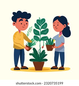 vector flat illustration of people taking care of plants
