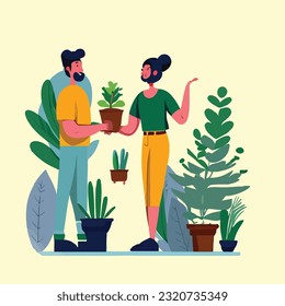 vector flat illustration of people taking care of plants