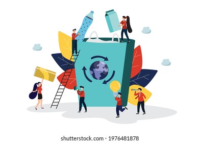 Vector flat illustration people throwing earth trash in recycle bin for a better environment